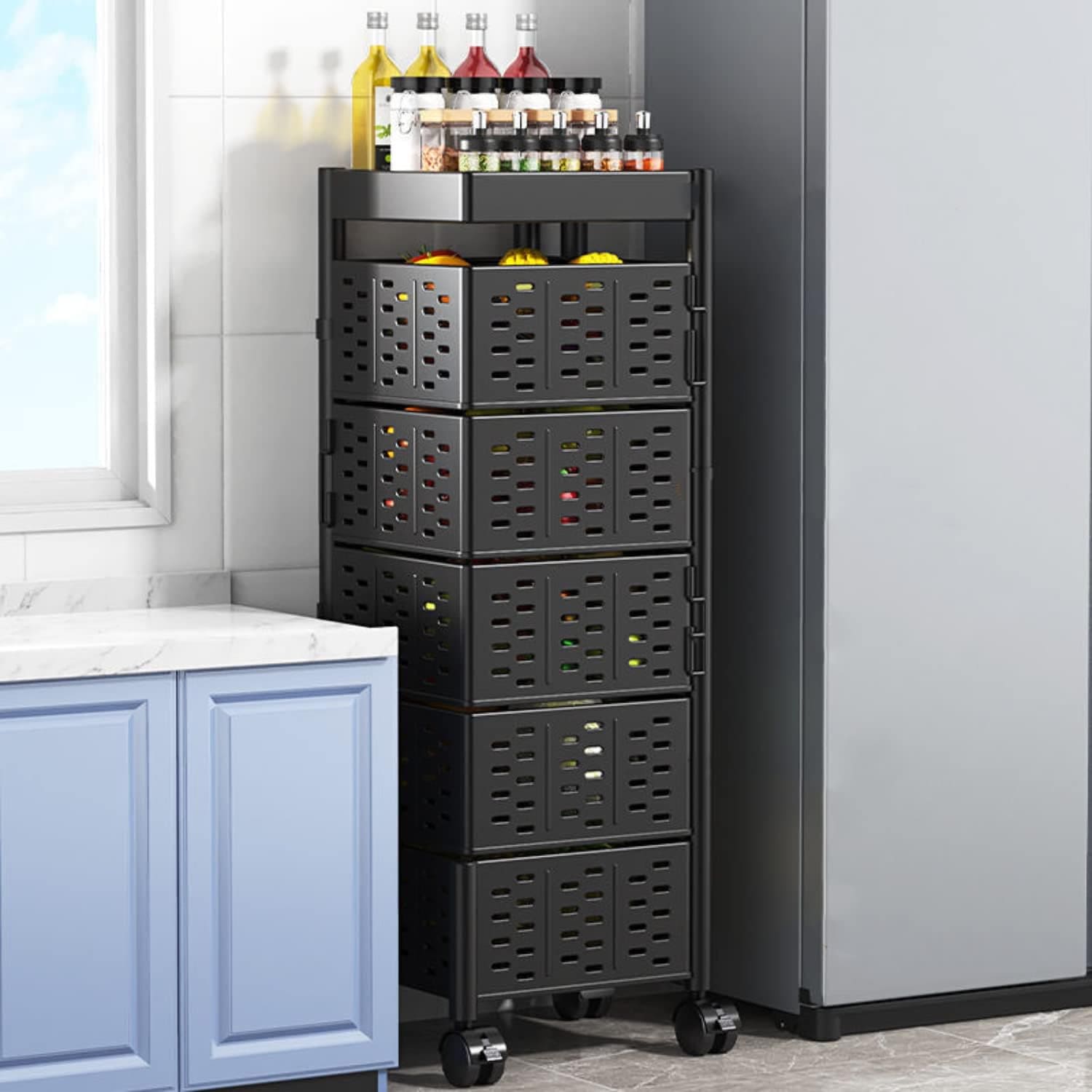 Square Multi Tier Rotating Storage Basket, 360° Rotating Fruit and Vegetable Stand, Kitchen Storage Rack with Mesh Baskets & Wheels, Mobile Kitchen Storage Fruit and Vegetable Holder Square Multi Tier Rotating Storage Basket, 360° Rotating Fruit and Vegetable Stand, Kitchen Storage Rack with Mesh Baskets & Wheels, Mobile Kitchen Storage Fruit and Vegetable Holder